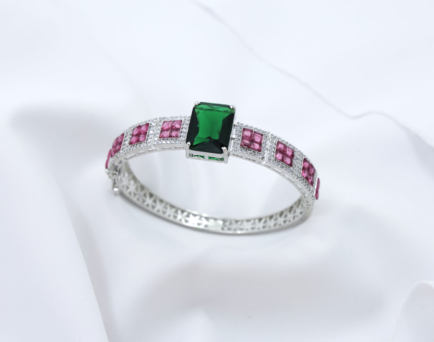 Emerald Charm Bracelet with Ruby-Toned CZ Inlay