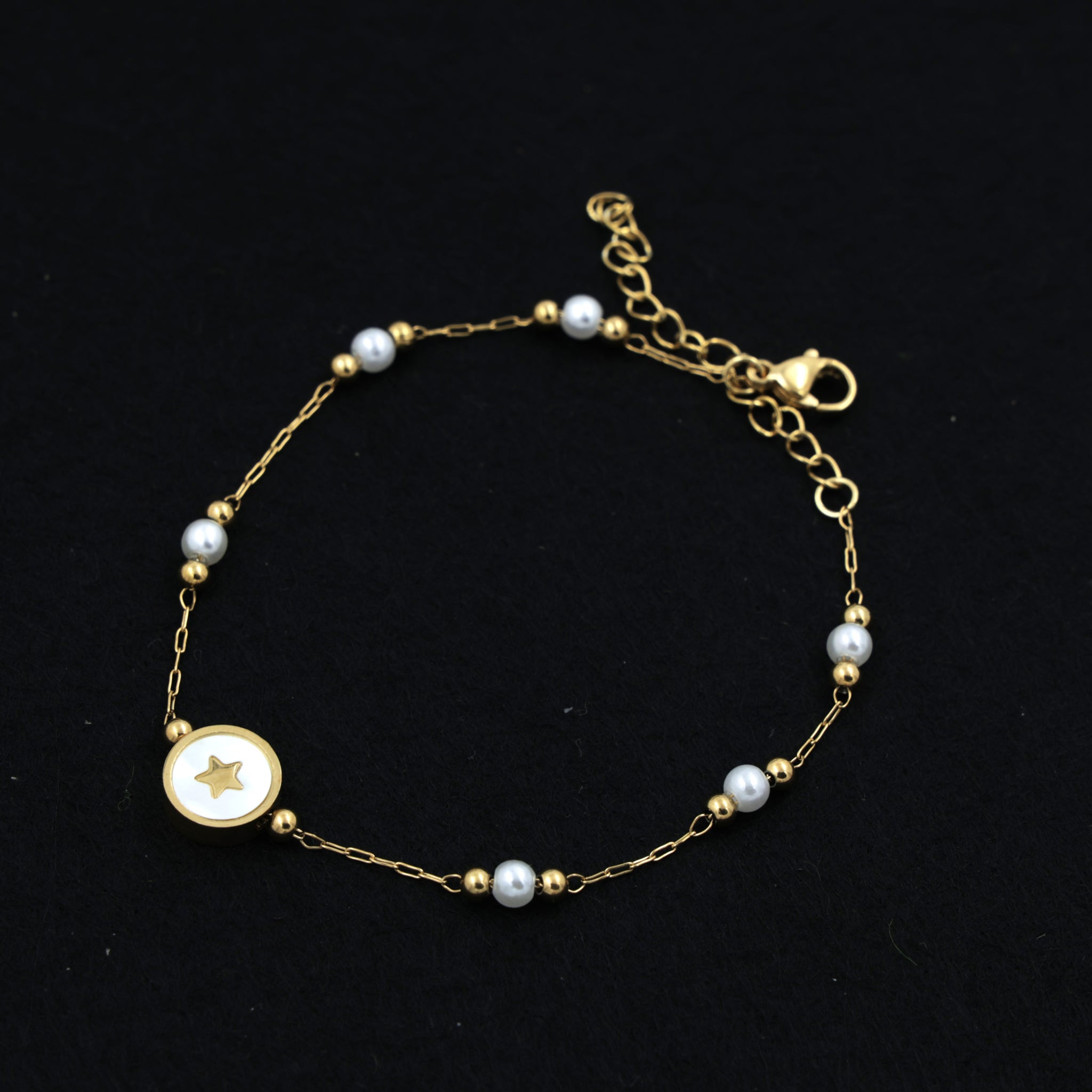 22K Gold-Plated  Star Charm Pearl Beaded Gold Bracelet– Anti-Tarnish Stainless steel