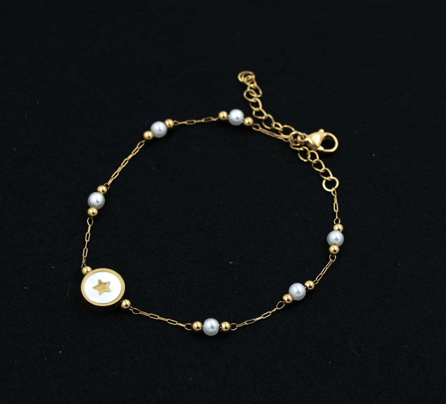 22K Gold-Plated  Star Charm Pearl Beaded Gold Bracelet– Anti-Tarnish Stainless steel
