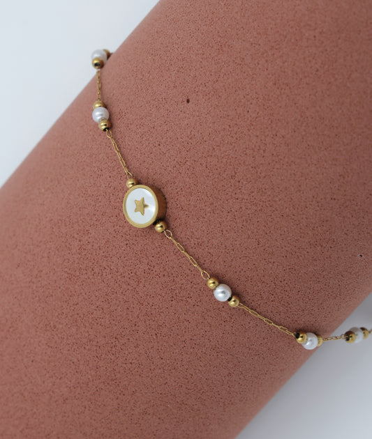 22K Gold-Plated  Star Charm Pearl Beaded Gold Bracelet– Anti-Tarnish Stainless steel