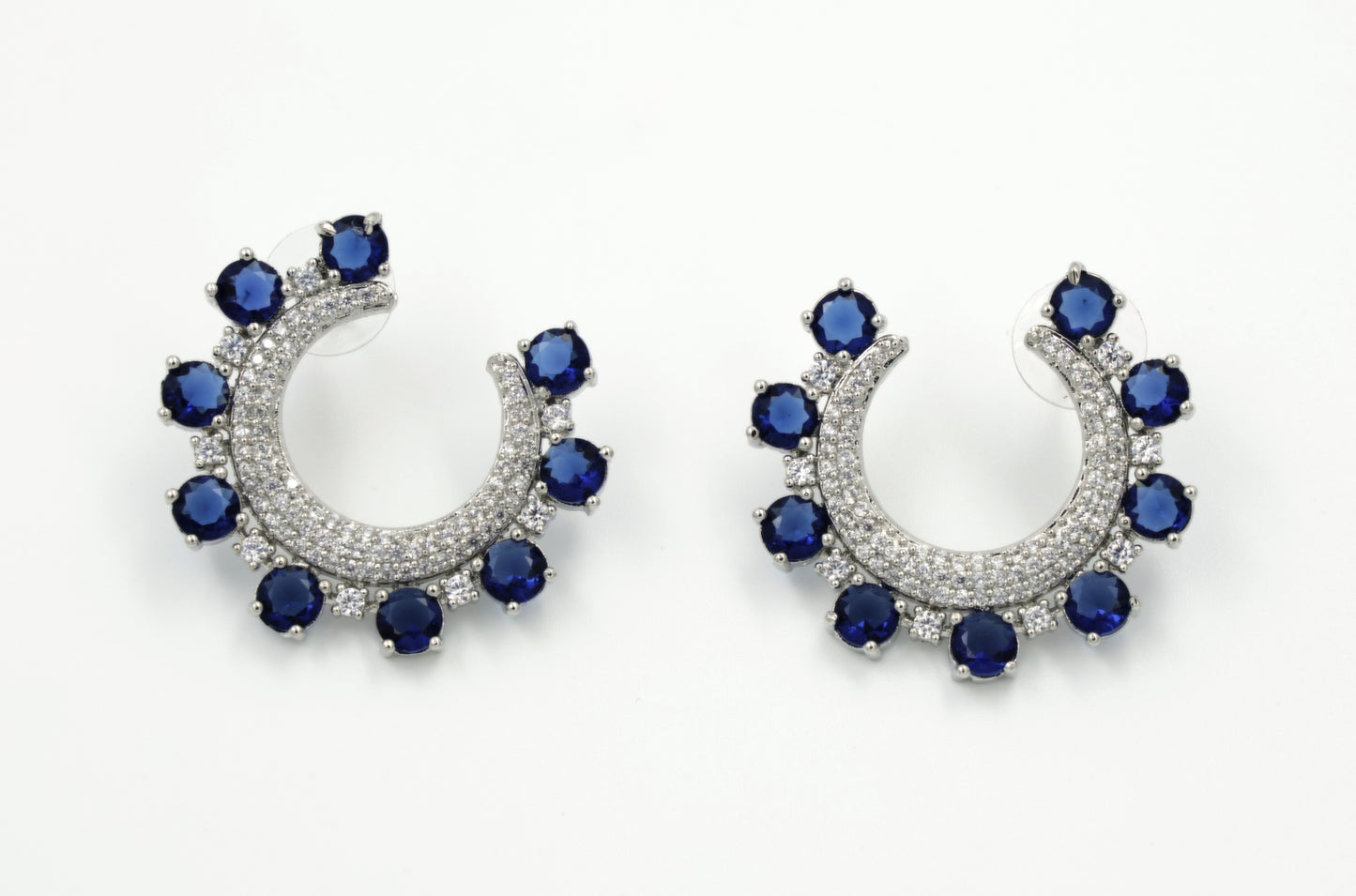 Gleam Crescent Earrings – Sapphire Blue & CZ Studded Hoops