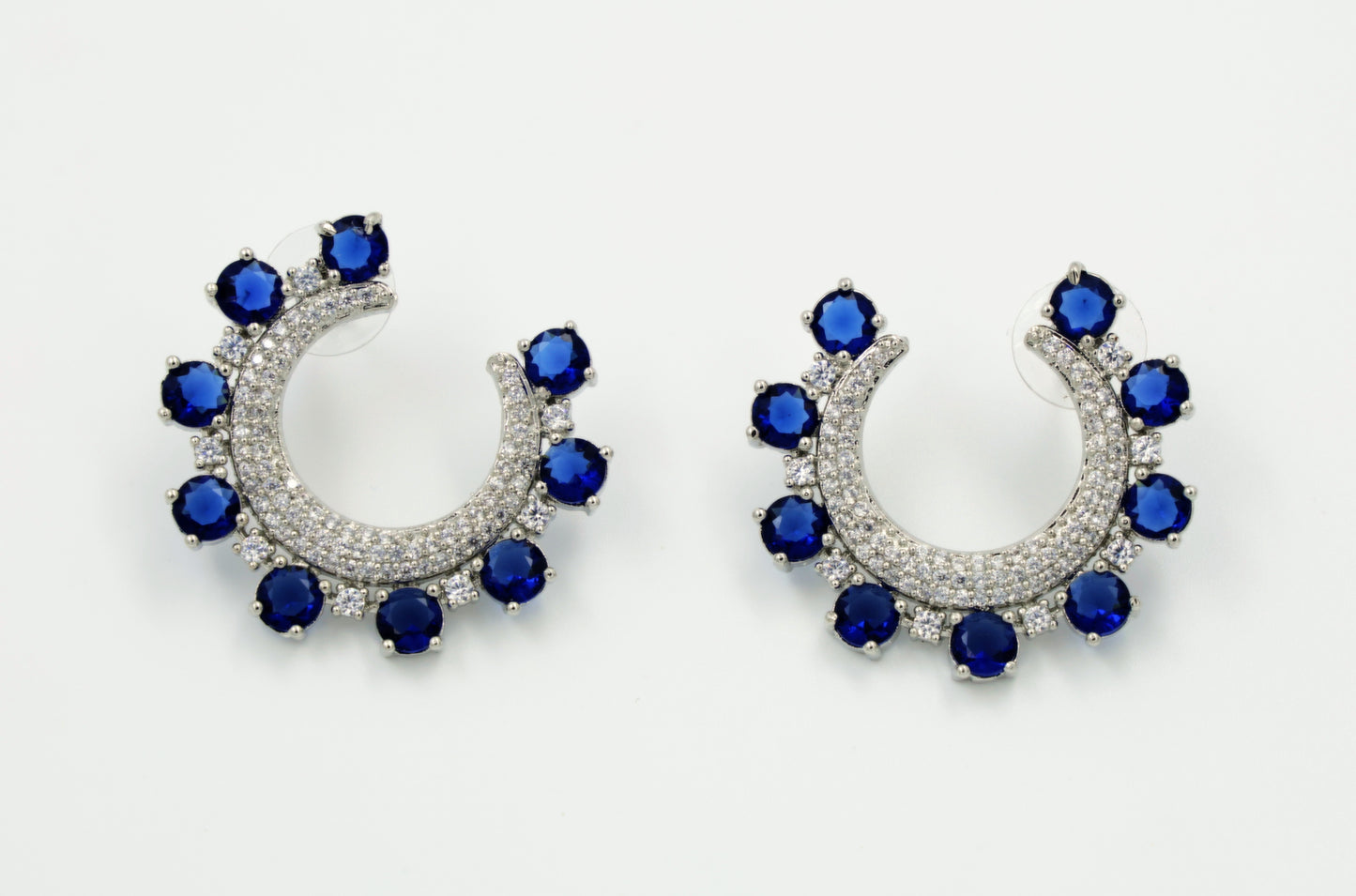 Gleam Crescent Earrings – Sapphire Blue & CZ Studded Hoops
