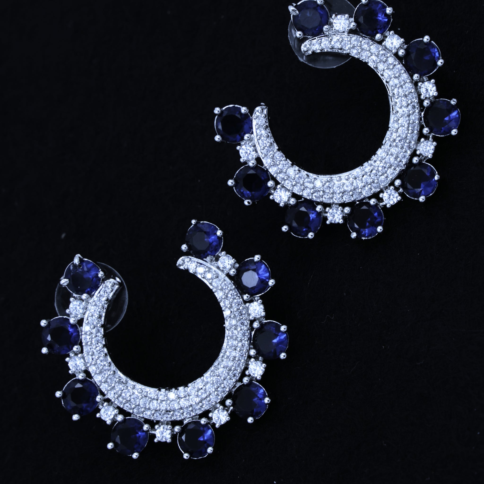 Gleam Crescent Earrings – Sapphire Blue & CZ Studded Hoops