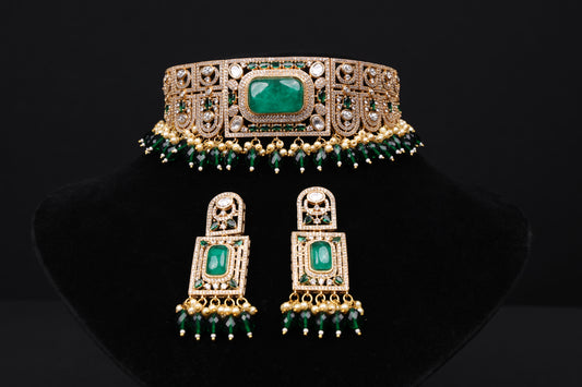 Premium Majestic Emerald Kundan Choker & Earring Set