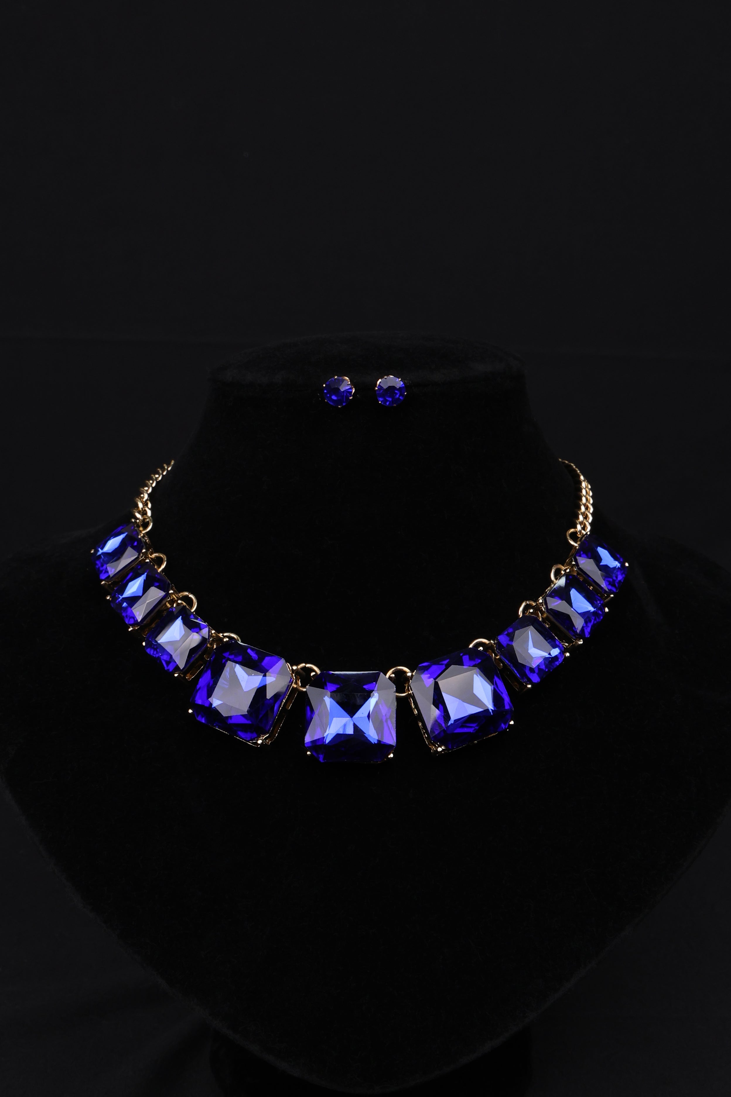 Midnight Sapphire Statement Necklace Set with Stud Earrings