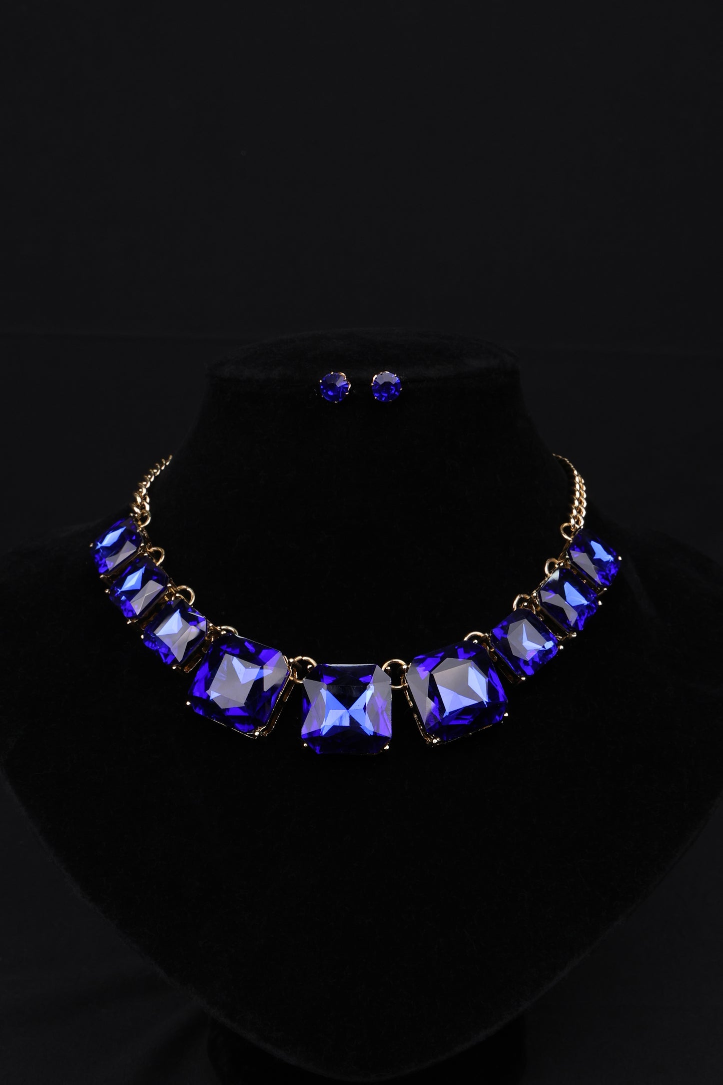 Midnight Sapphire Statement Necklace Set with Stud Earrings