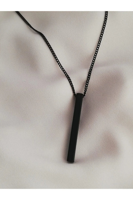 Unisex Matte Black Vertical Bar Pendant – Minimalist Chain Necklace
