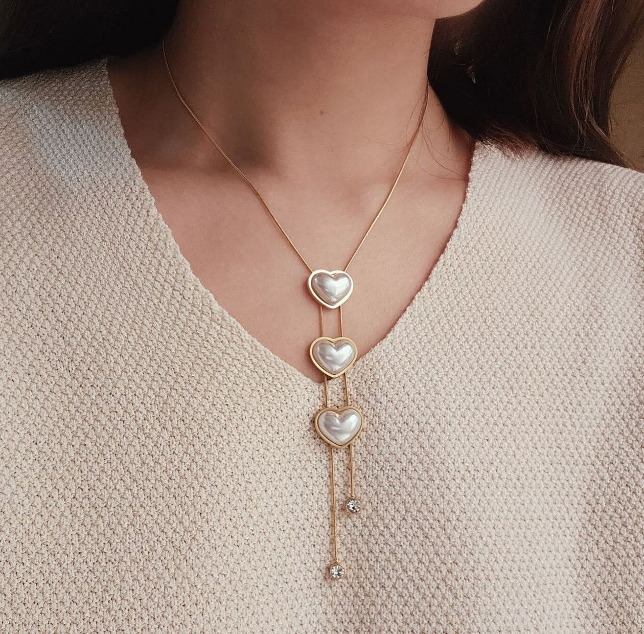 Elegant Triple Heart Pearl Pendant Necklace