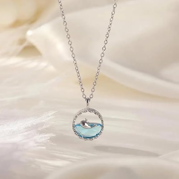 Ocean Wave & Dolphin Pendant Necklace – Serenity in Silver