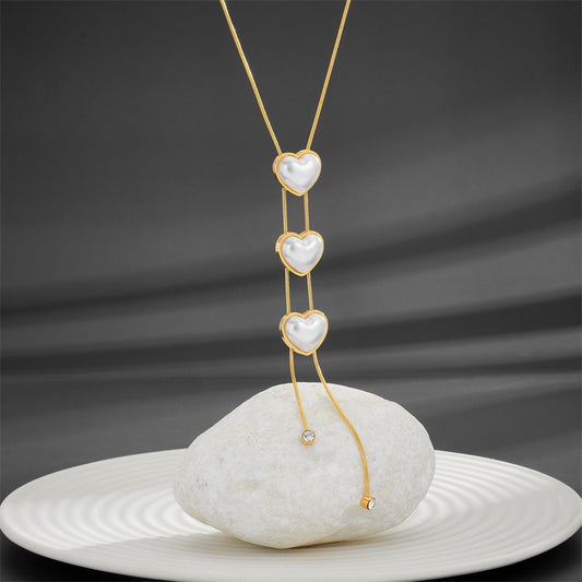 Elegant Triple Heart Pearl Pendant Necklace