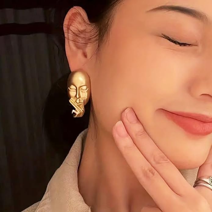 Golden Silence Face Statement Earrings