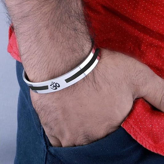 Stainless Steel OM Cuff Bracelet – Silver & Black Minimal Edition