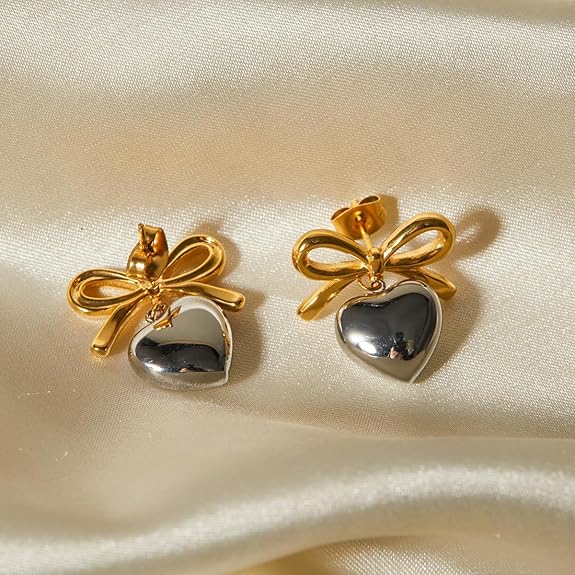 Gold Bow & Heart Drop Earrings