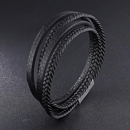 Triple-Layer Black Braided Leather Bracelet