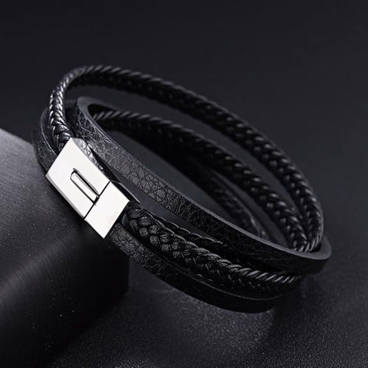 Triple-Layer Black Braided Leather Bracelet