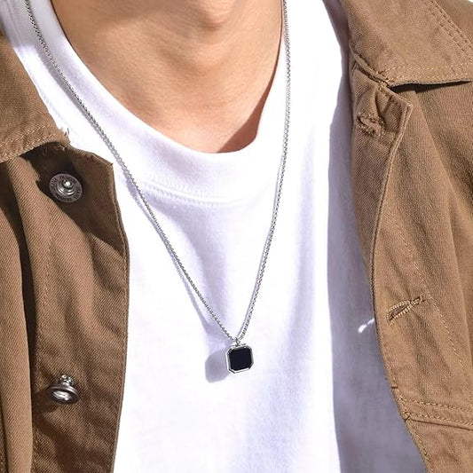Onyx Edge Pendant Chain – Minimalist Black Square Charm