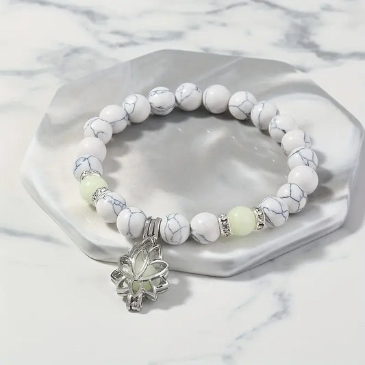 White Glow Bead Lotus Charm Bracelet