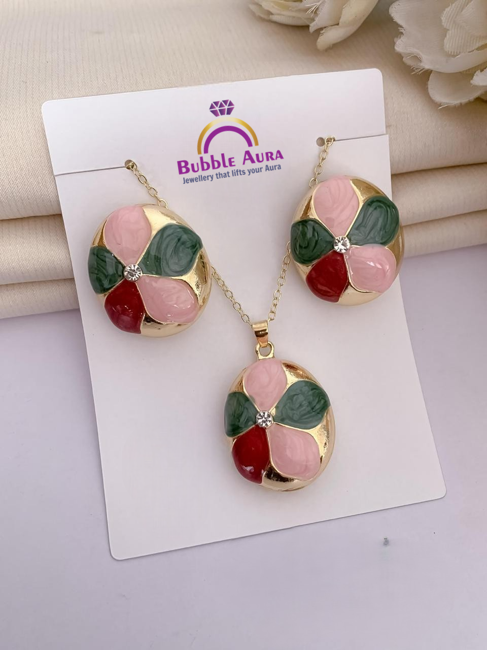 Luxe Golden Floral Enamel Pendant Set