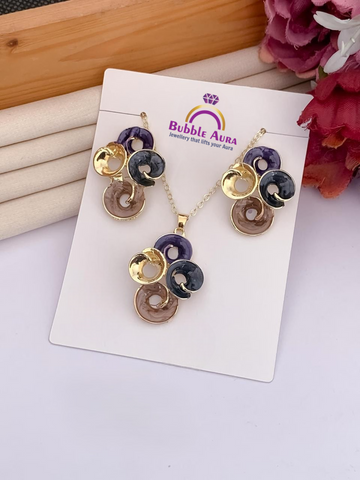 Gold Enamel Circle Pendant and Earring Set
