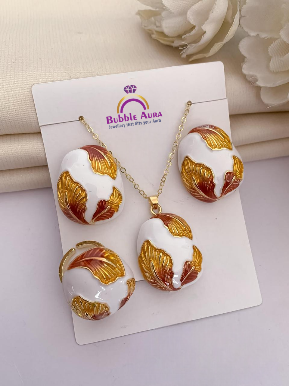 Golden Enamel Leaf Motif Pendant and Earring Set