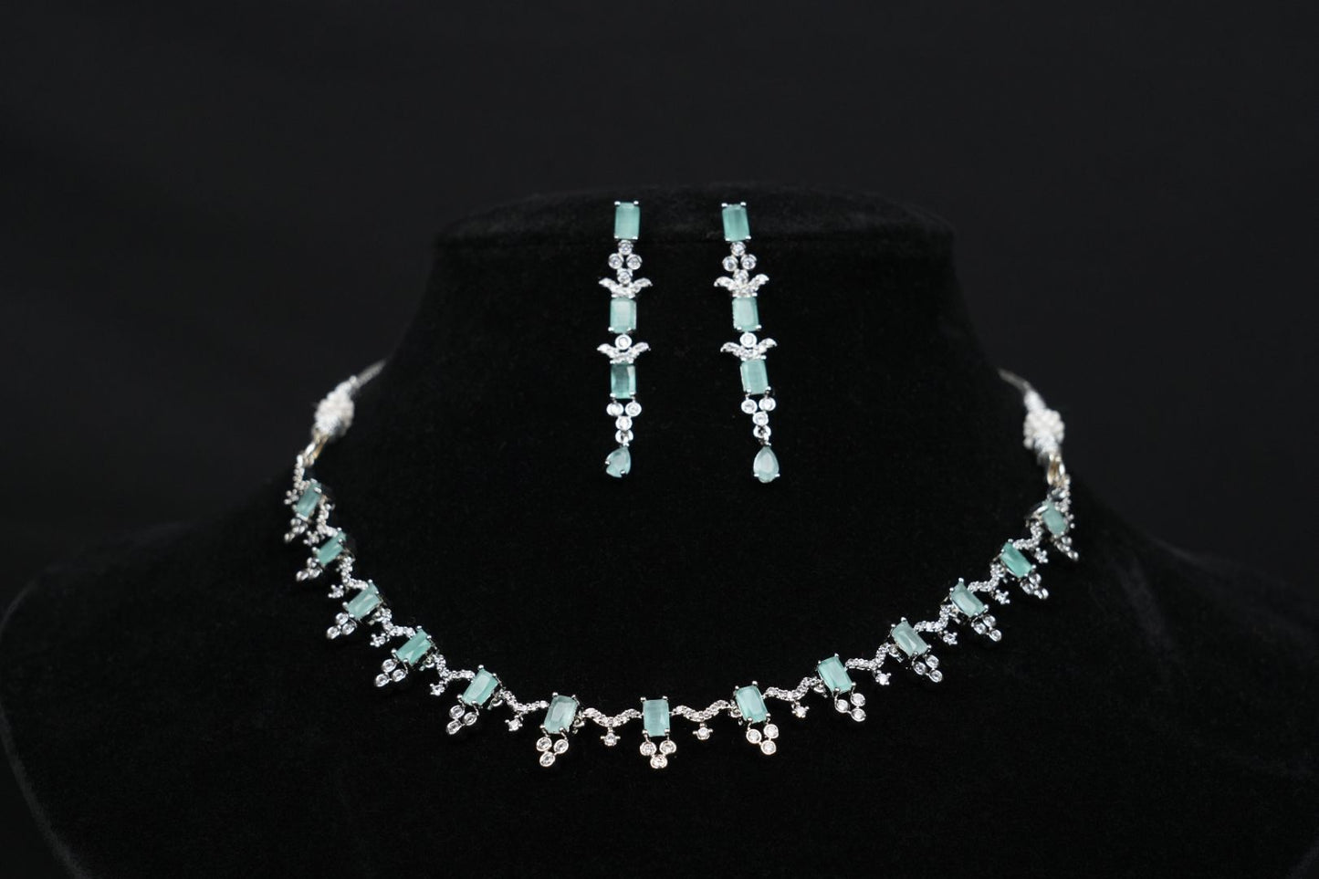 Delicate Aqua Blue & CZ Silver-Plated Necklace Set