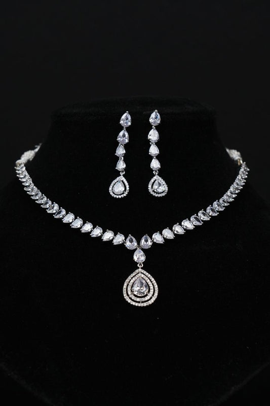Elegant Teardrop CZ Silver-Plated Necklace Set