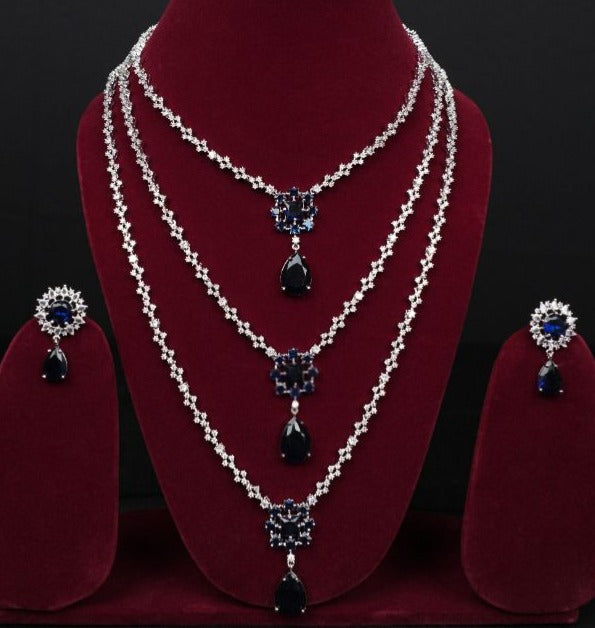 Royal Blue Sapphire-Inspired American Diamond Bridal Necklace Set