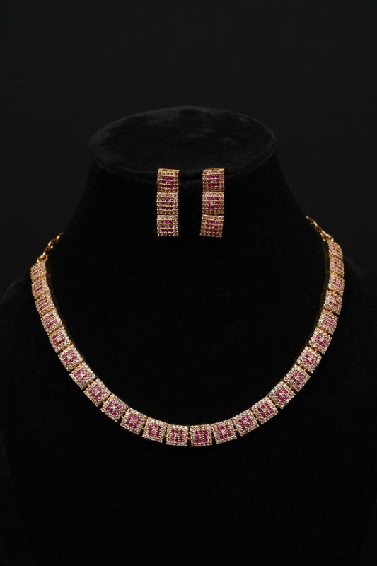 Elegant Ruby and CZ Gold-Plated Necklace Set