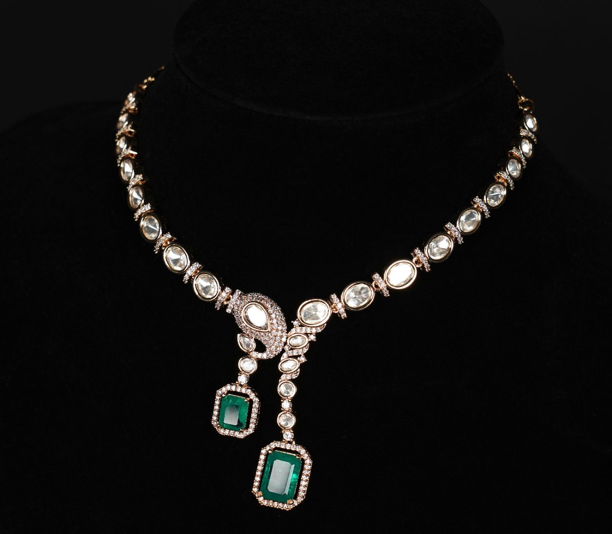 Elegant Kundan & Emerald Green Stone Necklace Set