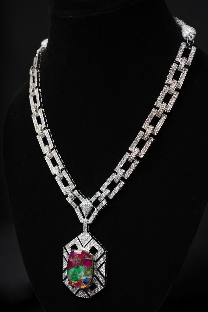 Emerald Cut Multi-Stone Pendant Necklace & Earring Set