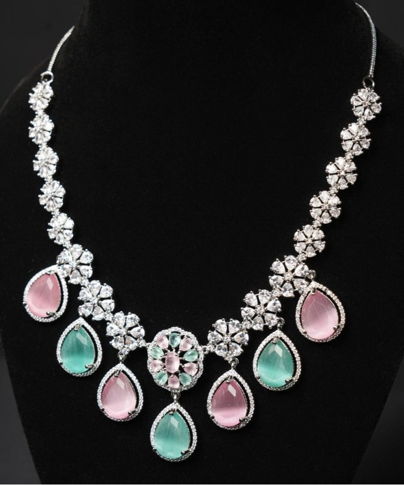 Pastel Bloom CZ Necklace Set – Mint & Blush Edition