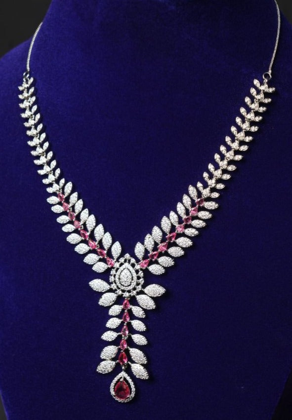 Crimson Elegance CZ Necklace Set with Ruby Drop Detailing