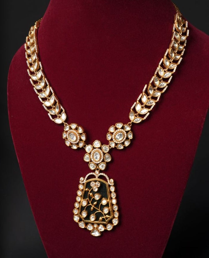 Antique Gold Finish Necklace Set with Black Enamel Detailing