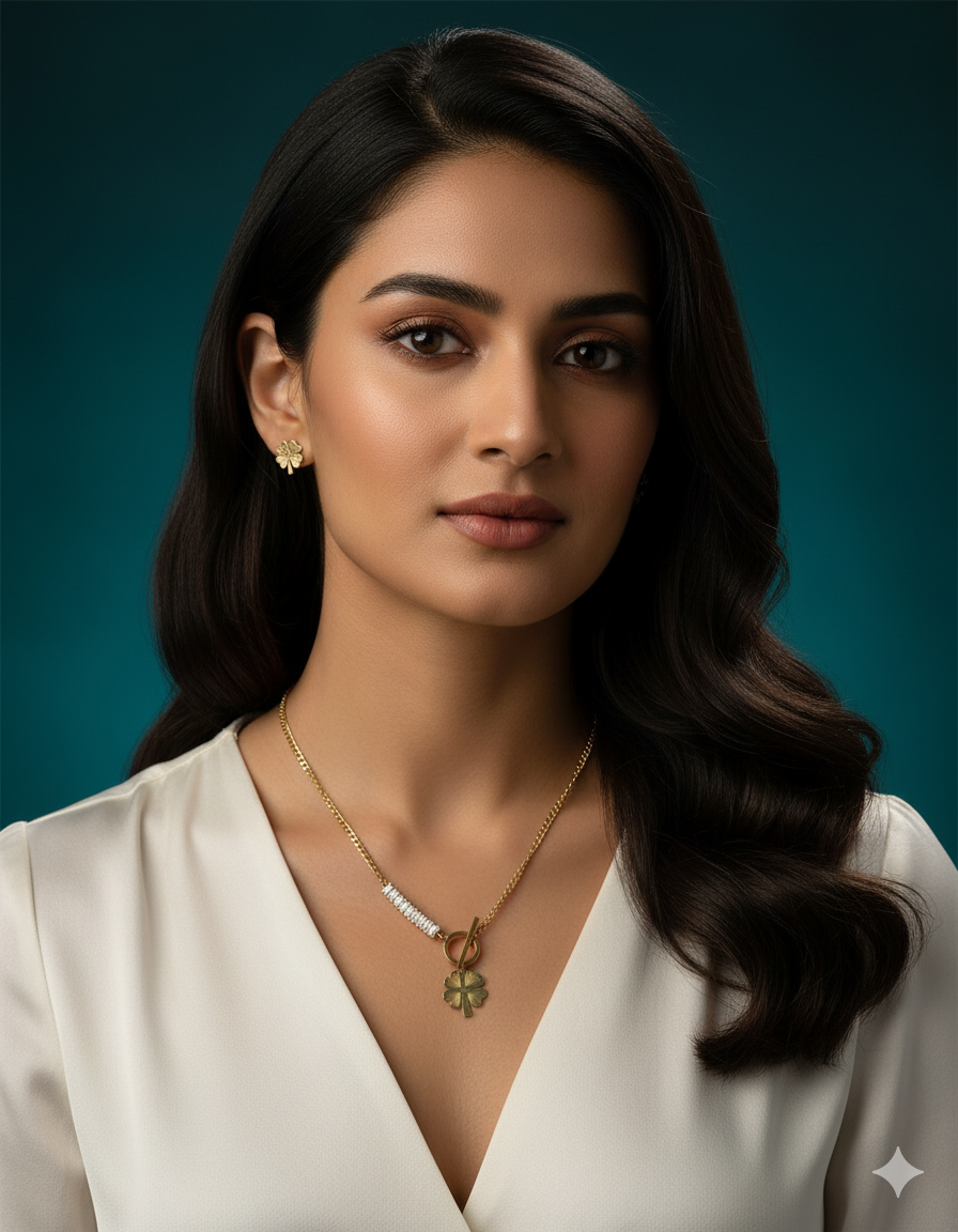 Woman wearing a white top and gold necklace with a blue background