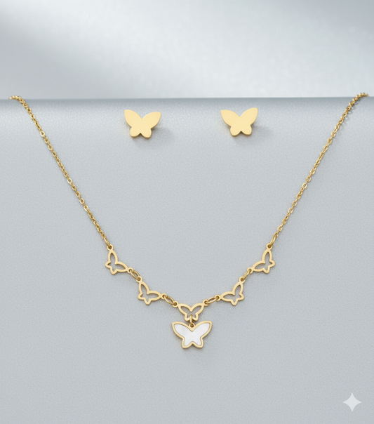 Delicate Gold Butterfly Necklace & Stud Earrings Set - Anti-tarnish