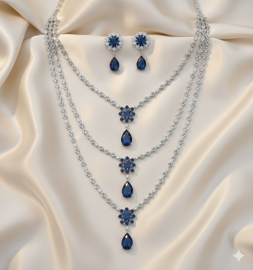 Royal Blue Sapphire-Inspired American Diamond Bridal Necklace Set