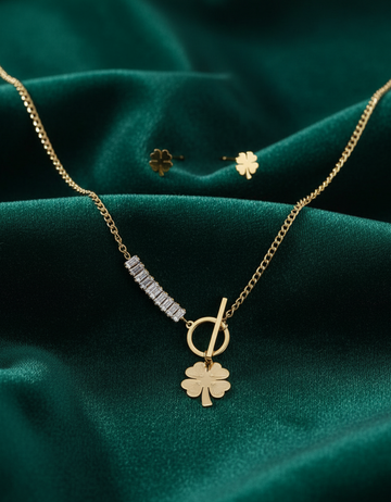 Elegant Clover Charm Necklace & Stud Earrings Set – Gold Finish - Anti-tarnish