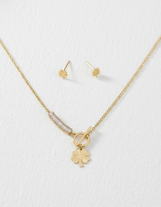 Elegant Clover Charm Necklace & Stud Earrings Set – Gold Finish - Anti-tarnish