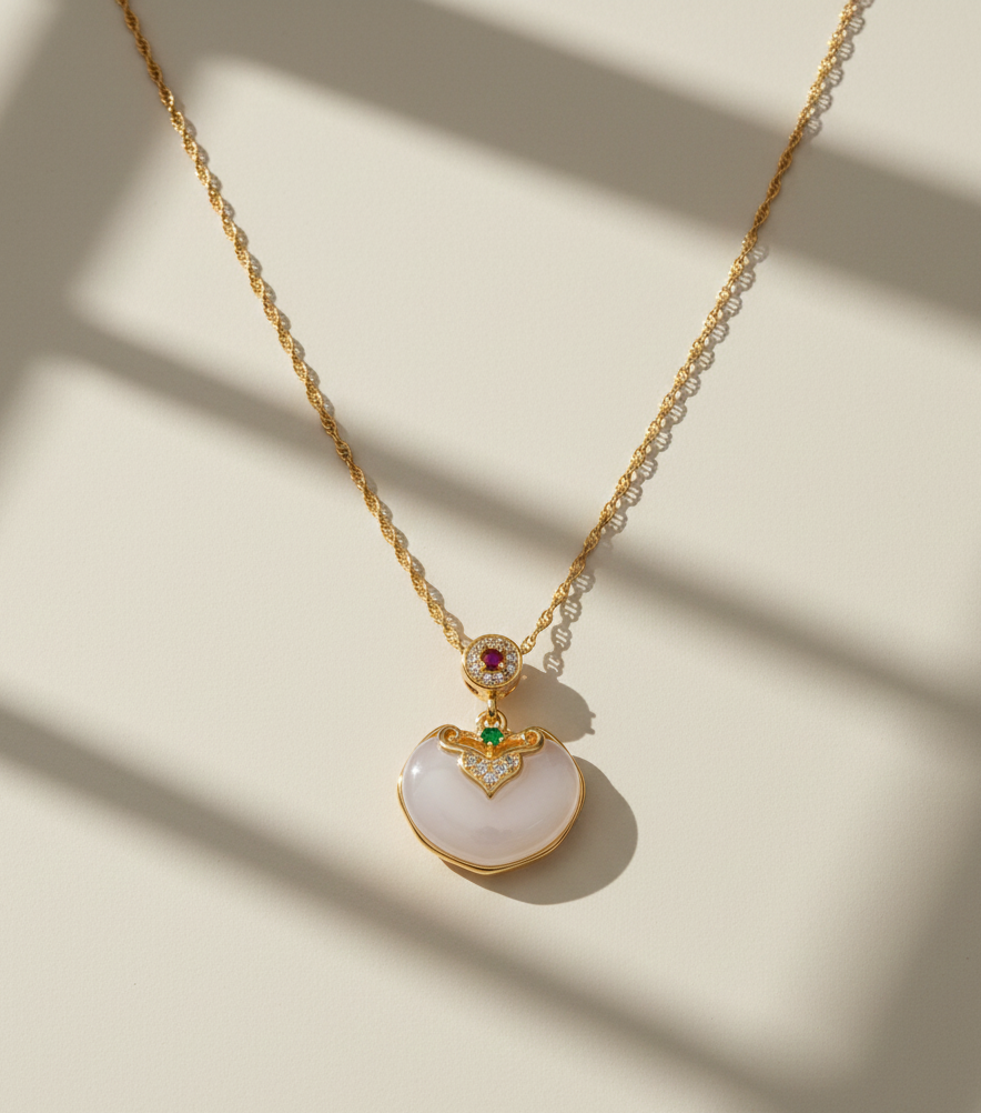 Gold necklace with a white pendant on a beige background