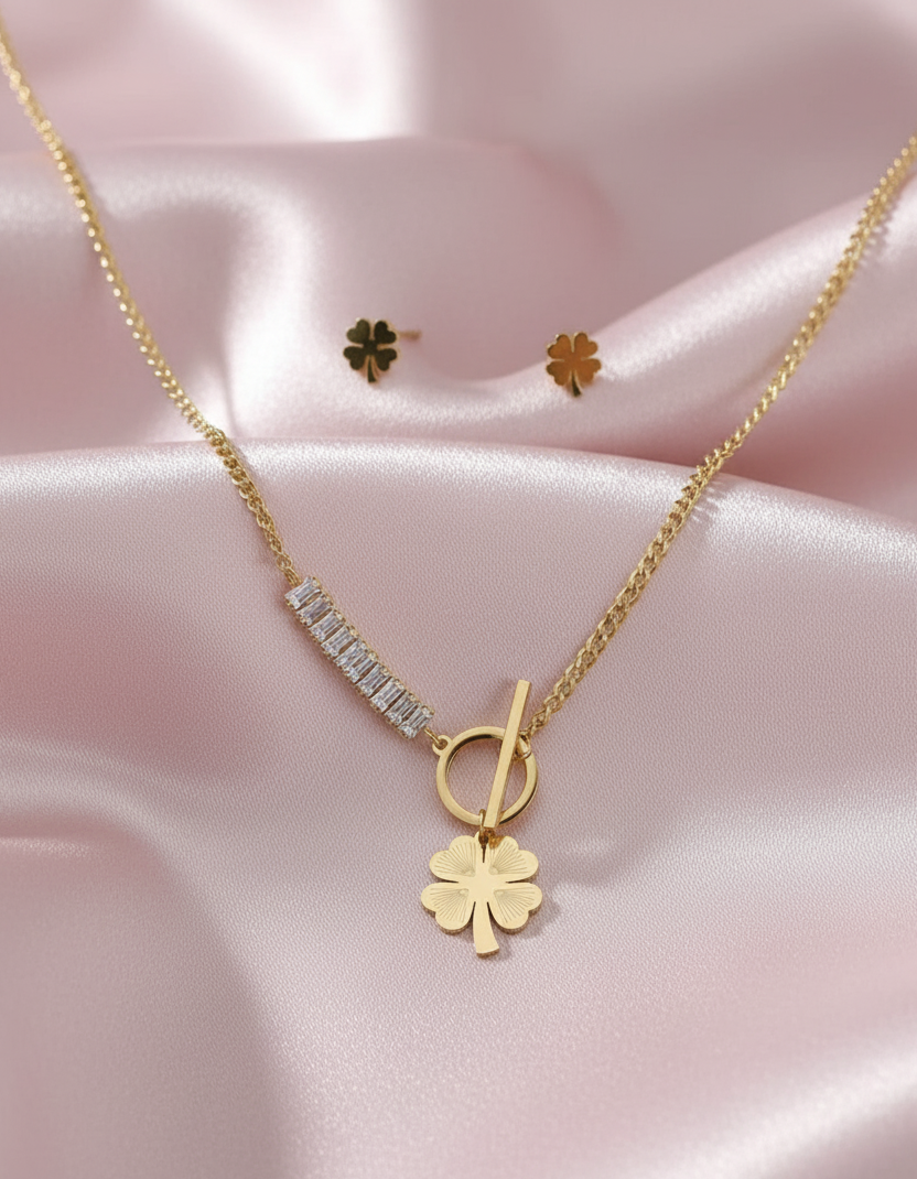 Elegant Clover Charm Necklace & Stud Earrings Set – Gold Finish - Anti-tarnish