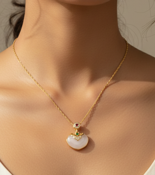 Close-up of a woman wearing a gold necklace with a heart-shaped pendant against a neutral background