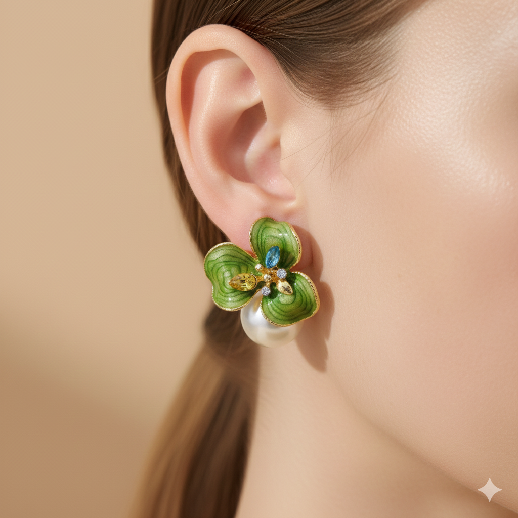 Green floral earring with pearl and gemstones worn by a person on a beige background