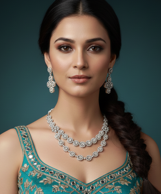 Woman wearing a teal embroidered blouse with silver jewelry against a dark background