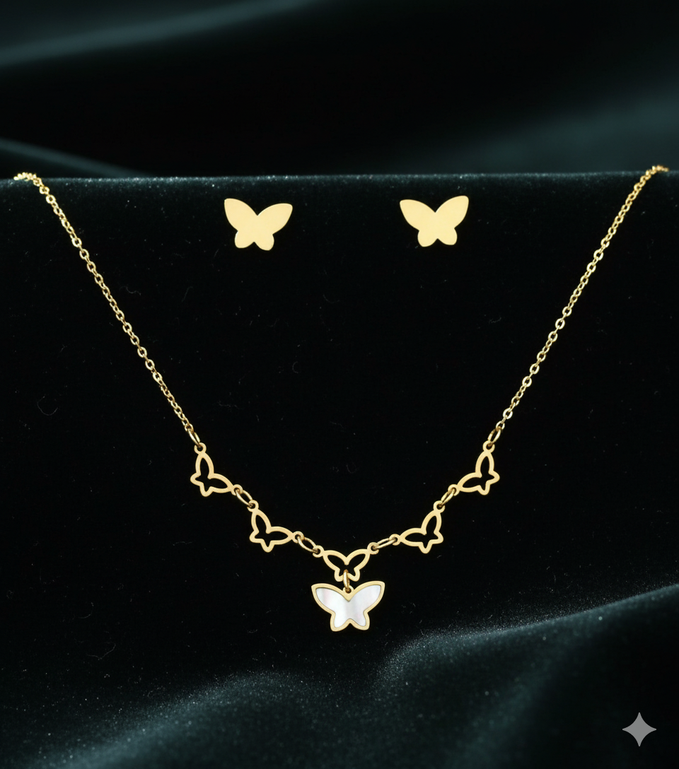 Delicate Gold Butterfly Necklace & Stud Earrings Set - Anti-tarnish