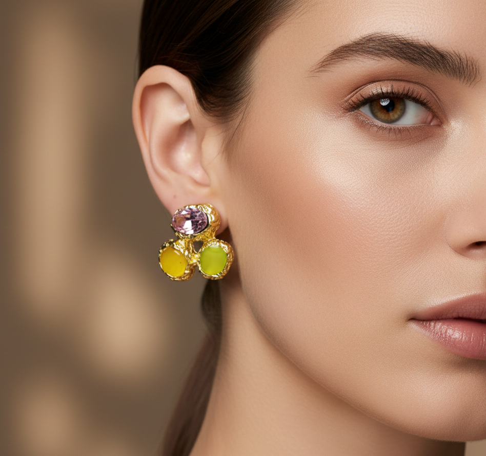 Close-up of a woman wearing colorful earrings with a blurred background