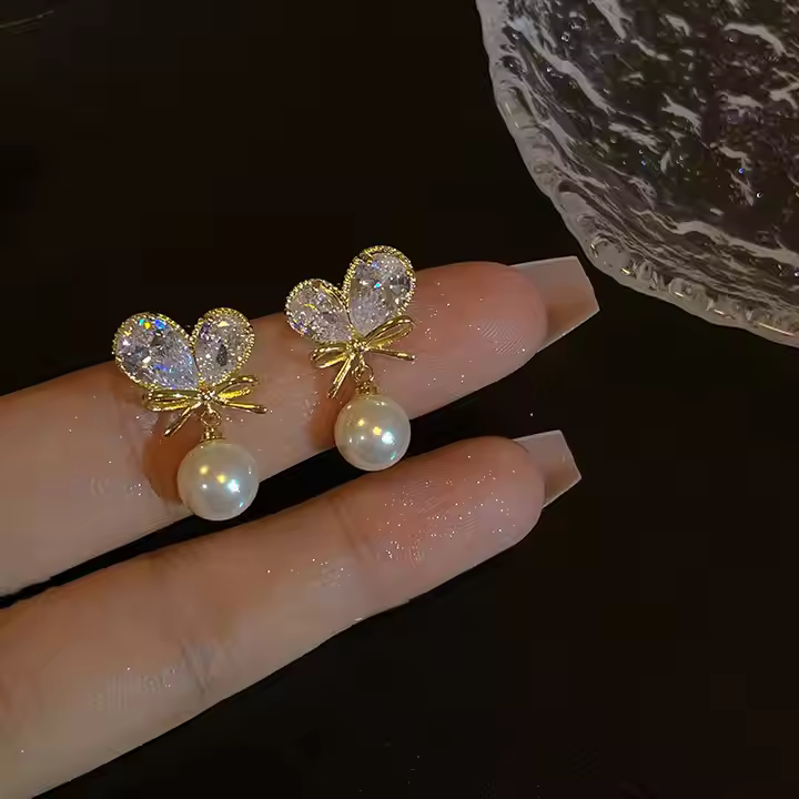 Crystal Bow & Pearl Drop Earrings