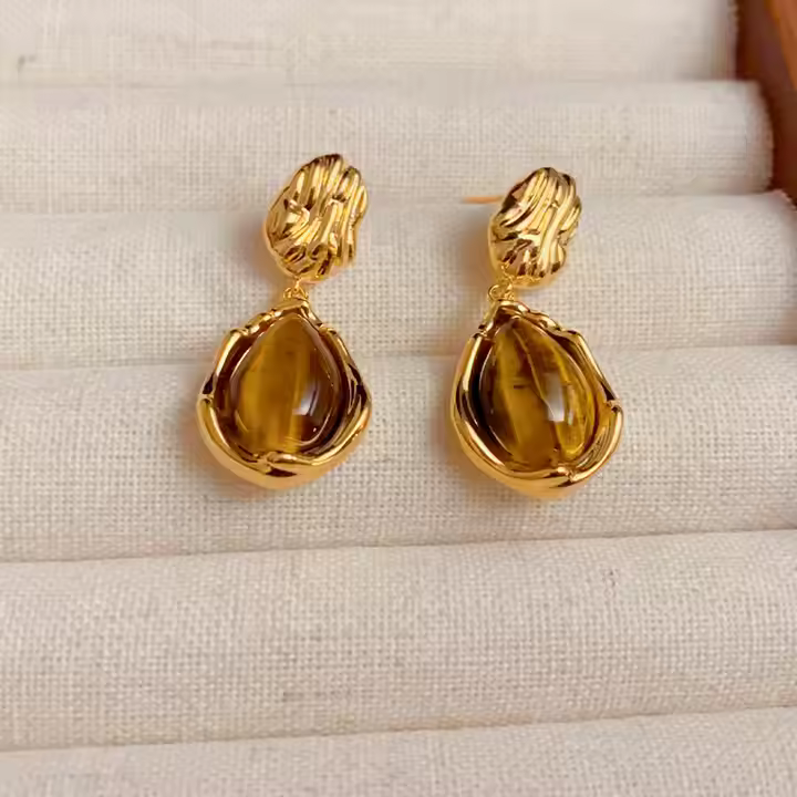 Amber Gold Textured Drop Earrings - Anti-tarnish