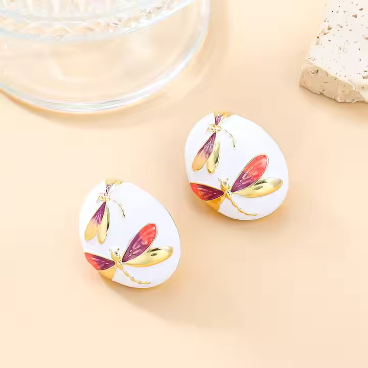 Golden Dragonfly Dreams Enamel Earrings | Ethnic Statement Studs