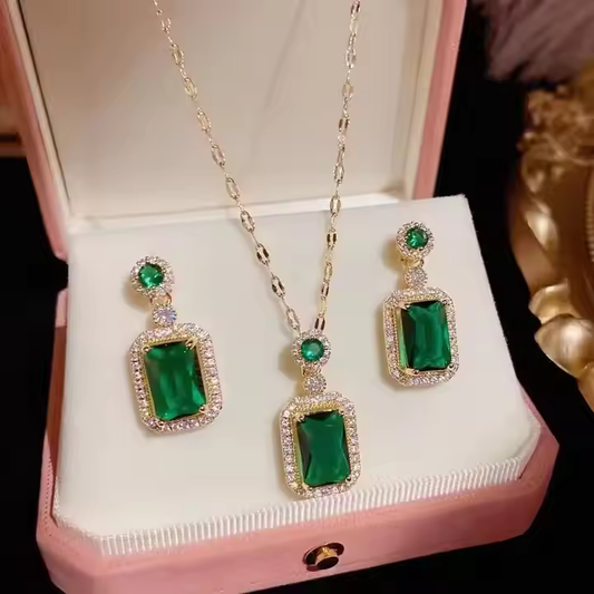Emerald Quadrate Rhinestone Necklace Earrings Ring Set