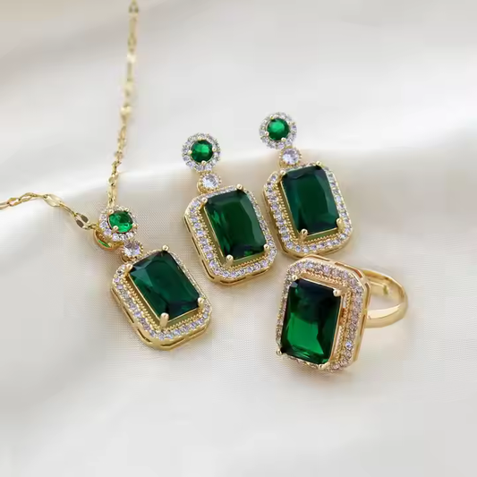 Emerald Quadrate Rhinestone - Premium Gold-Plated CZ Jewellery Set